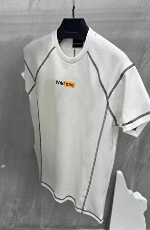 Unisex Dikişli Baskılı Oversize Thirt  Beyaz