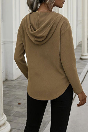 Kadın Uzun Kollu V Yakalı Kapşonlu Waffle Bluz