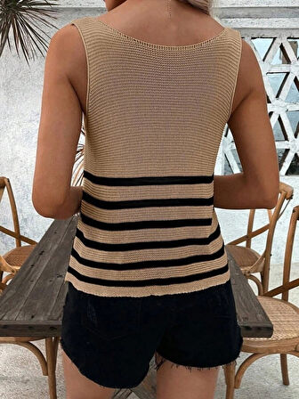 Kadın Sıfır Kol Yuvarlak Yaka şerit Detay Triko Bluz