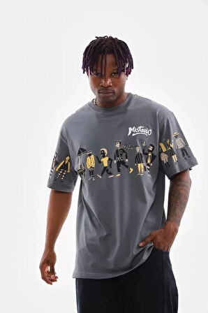 Unisex Bisiklet Yaka Baskılı Oversize Thirt  Gri