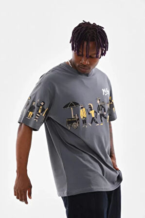 Unisex Bisiklet Yaka Baskılı Oversize Thirt  Gri