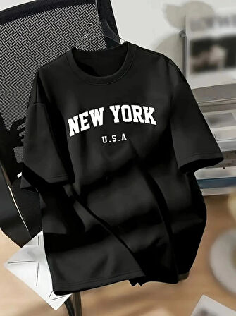 New York Baskılı Oversize Bisiklet Yaka Tshirt  iyah