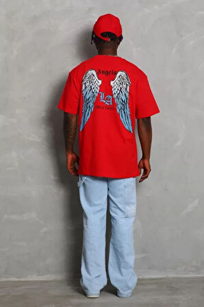 Unisex Oversize Baskılı Bisiklet Yaka Thirt  Kırmızı