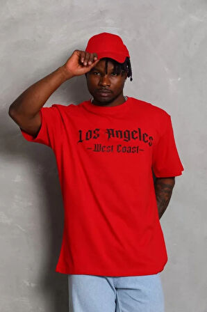 Unisex Oversize Baskılı Bisiklet Yaka Thirt  Kırmızı