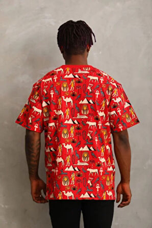 Unisex Oversize Baskılı Bisiklet Yaka Thirt  Kırmızı
