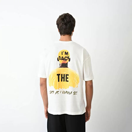 Unisex Bisiklet Yaka Baskılı Oversize Thirt  Beyaz