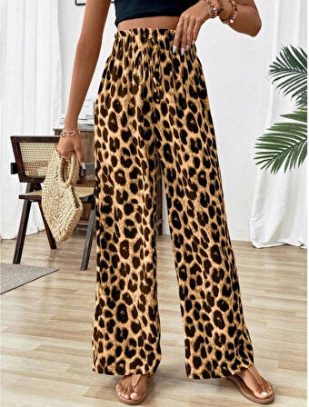 Kadın Süprem Kumaş Beli Lastikli Leopar Desen Pantolon