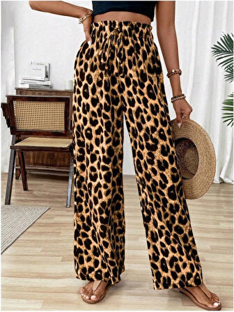Kadın Süprem Kumaş Beli Lastikli Leopar Desen Pantolon
