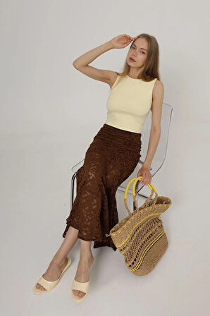 Bel Lastikli Dantel Etek  Kahve