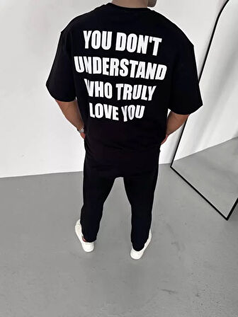 Unisex Bisiklet Yaka Baskılı Oversize Thirt  iyah