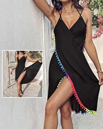 Kadın Askılı Derin V Yakalı çapraz Geçmeli Ponponlu Bürümcük Pareo