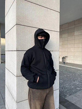 amuray Ninja Çift Kapşonlu ZIP Fermuarlı Kanguru Çepli Tam Fermuarlı Hoodie wetshirt  iyah