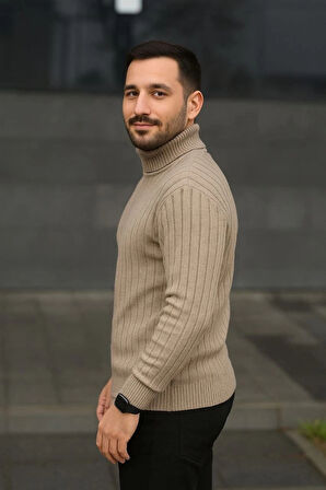 Erkek Balıkcı Yaka Bağazlı Triko Kazak Pamuklu Kalın Fitilli Dokuma, Regular Fit Uzun Kollu Kışlık odel  Bej