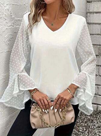 Kadın Uzun Kollu V Yakalı Kolları Ispanyol Detayı Sandy Bluz