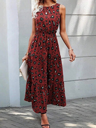 Kadın Kolsuz Bisiklet Yaka Beli Lastikli Desenli Süprem Elbise