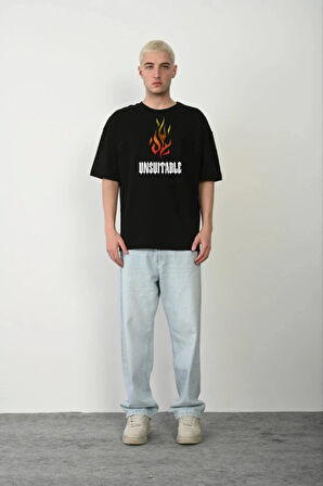 Unisex Bisiklet Yaka Baskılı Oversize Thirt  iyah