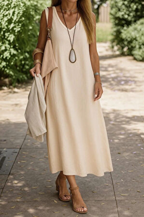 Kadın Kolsuz V Yakalı Maksi Boy Ithal Keten Elbise