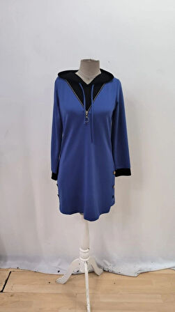 Kadın Uzun Kollu Kapşonlu önden Fermuarlı Düğmeli Mini Iki Iplik Elbise