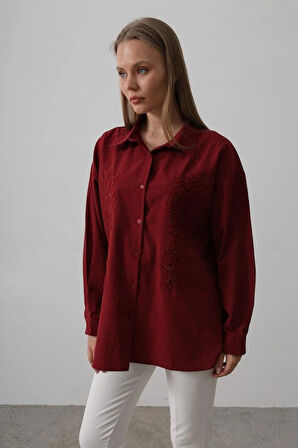 Boncuk Nakış Detaylı Uzun Gömlek  Bordo