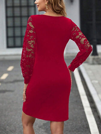 Kadın Uzun Kollu Kruvaze Yaka Beli Düğme Detay Krep Elbise