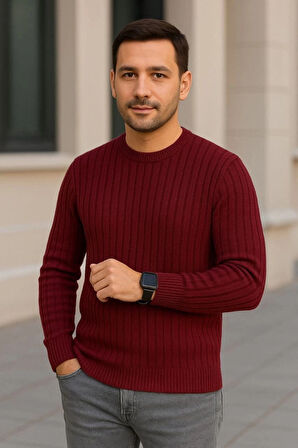 Erkek Bisiklet Yuvarlak Yaka Triko Kazak Pamuklu Kalın Fitilli Dokuma, Regular Fit Uzun Kollu Kışlık odel  Bordo