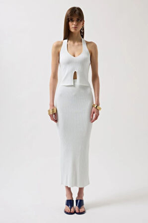 V Detay Dokulu Crop Bluz