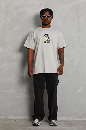 Unisex Oversize Baskılı Bisiklet Yaka Thirt  Gri