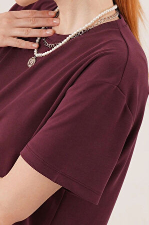 Yırtmaç Detaylı Kısa Kollu alaş axi Bordo Elbise