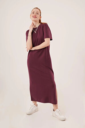 Yırtmaç Detaylı Kısa Kollu alaş axi Bordo Elbise