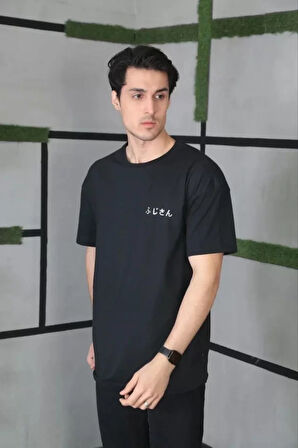 Unisex Bisiklet Yaka Baskılı Oversize Thirt  iyah