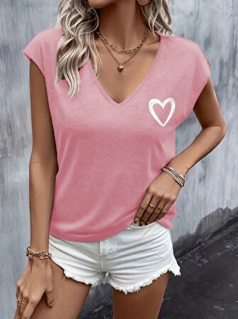 Kadın Kısa Kollu V Yakalı Kalp Baskılı Viskon Bluz