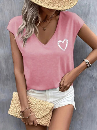 Kadın Kısa Kollu V Yakalı Kalp Baskılı Viskon Bluz