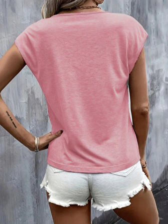 Kadın Kısa Kollu V Yakalı Kalp Baskılı Viskon Bluz