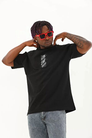 Unisex Oversize Baskılı Bisiklet Yaka Thirt  iyah