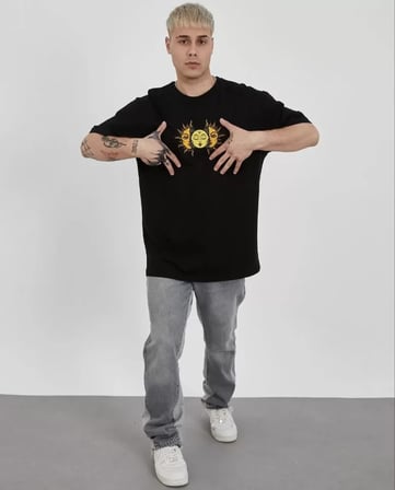 Unisex Bisiklet Yaka Baskılı Oversize Thirt  iyah