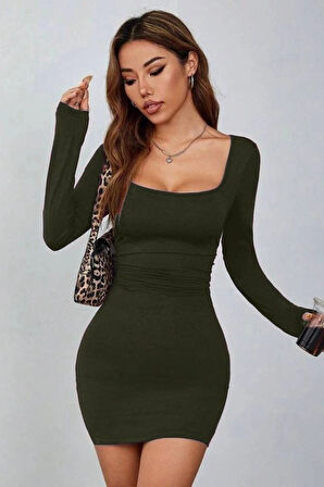 Kadın Uzun Kollu Kare Yaka Iç Göstermeyen ini Elbise