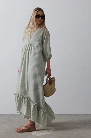 Çizgili Oversize V Yaka Elbise  Haki