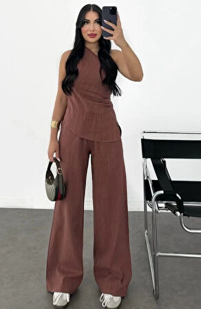 Keten Asimetrik Tek Omuzlu Bluz Pantalon Takım Bordo
