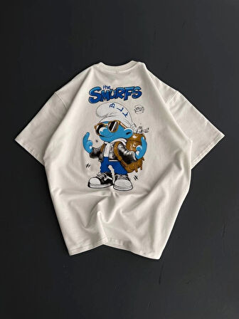 Ön Ve Arka Baskılı Oversize Bisiklet Yaka Tshirt Beyaz