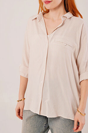 Cep Detay Çizgili Oversize Krem Gömlek