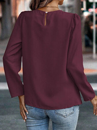 Kadın Uzun Kollu Yuvarlak önden Pileli Ithal Krep Bluz