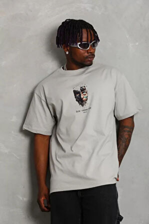 Unisex Oversize Baskılı Bisiklet Yaka Thirt  Gri