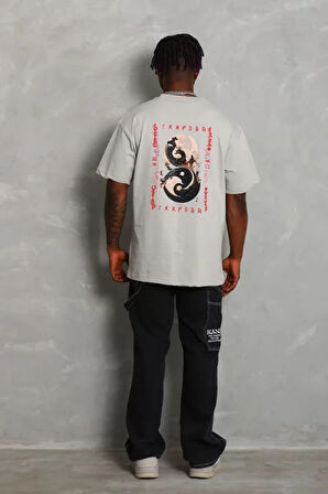 Unisex Oversize Baskılı Bisiklet Yaka Thirt  Gri