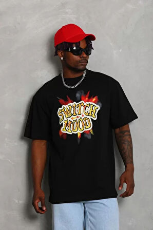 Unisex Oversize Baskılı Bisiklet Yaka Thirt  iyah