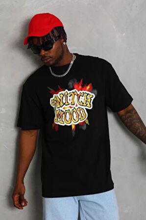 Unisex Oversize Baskılı Bisiklet Yaka Thirt  iyah