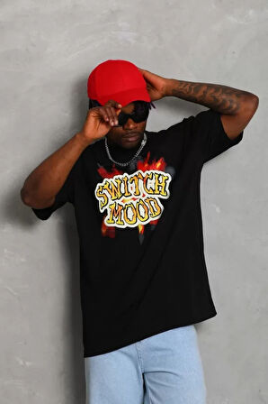 Unisex Oversize Baskılı Bisiklet Yaka Thirt  iyah