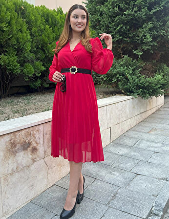 Kadın şifon Kumaş Astalı Kloş Kesim Kruvaze Yaka idi Boy Elbise