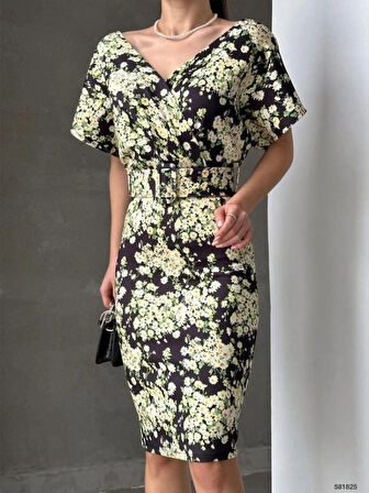 Kadın Dalgıç Kumaş V Yaka çiçek Desenli Kuşaklı Kalem Elbise