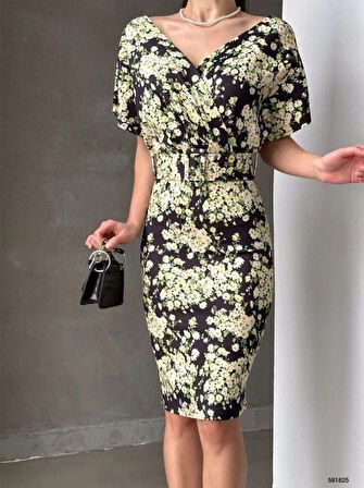 Kadın Dalgıç Kumaş V Yaka çiçek Desenli Kuşaklı Kalem Elbise