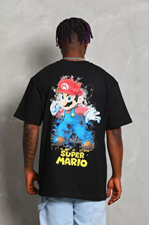 Unisex Oversize Baskılı Bisiklet Yaka Thirt  iyah